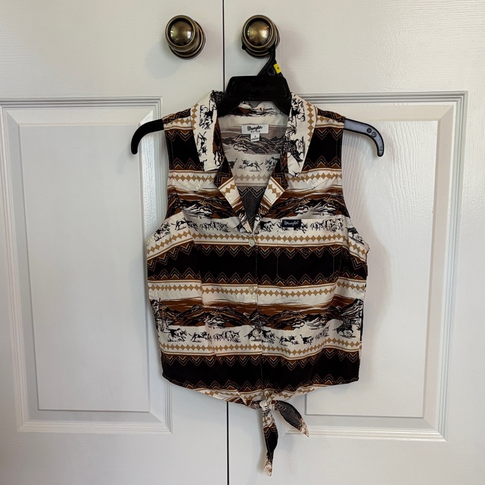 Wrangler Retro Western Print Tie Front Sleeveless Top Wmns Size S Small